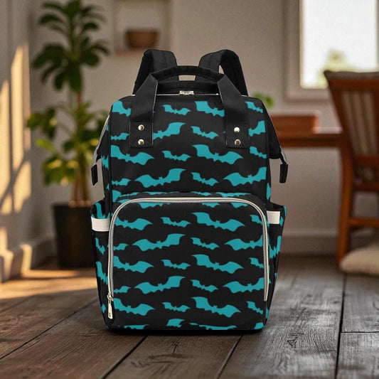 Teal Bats Backpack Diaper Bag, Gothic Baby Organizer, Spooky Mom Essentials, Alternative Mom Gift Idea, Edgy Parenting Gear, Goth Mom Bat