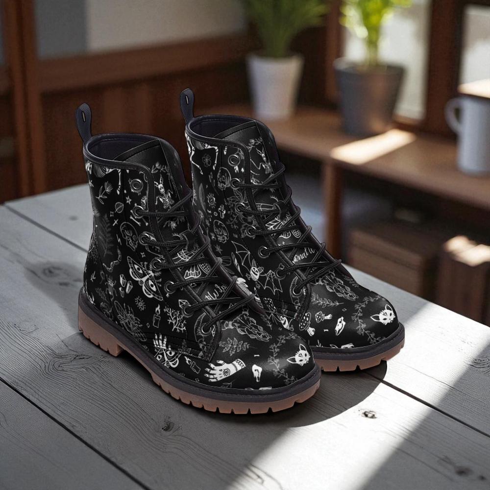 Mystic symbol combat boots, celestial festival lace up shoes, witchy occult printed footwear, astrology inspired alternative fashion boots