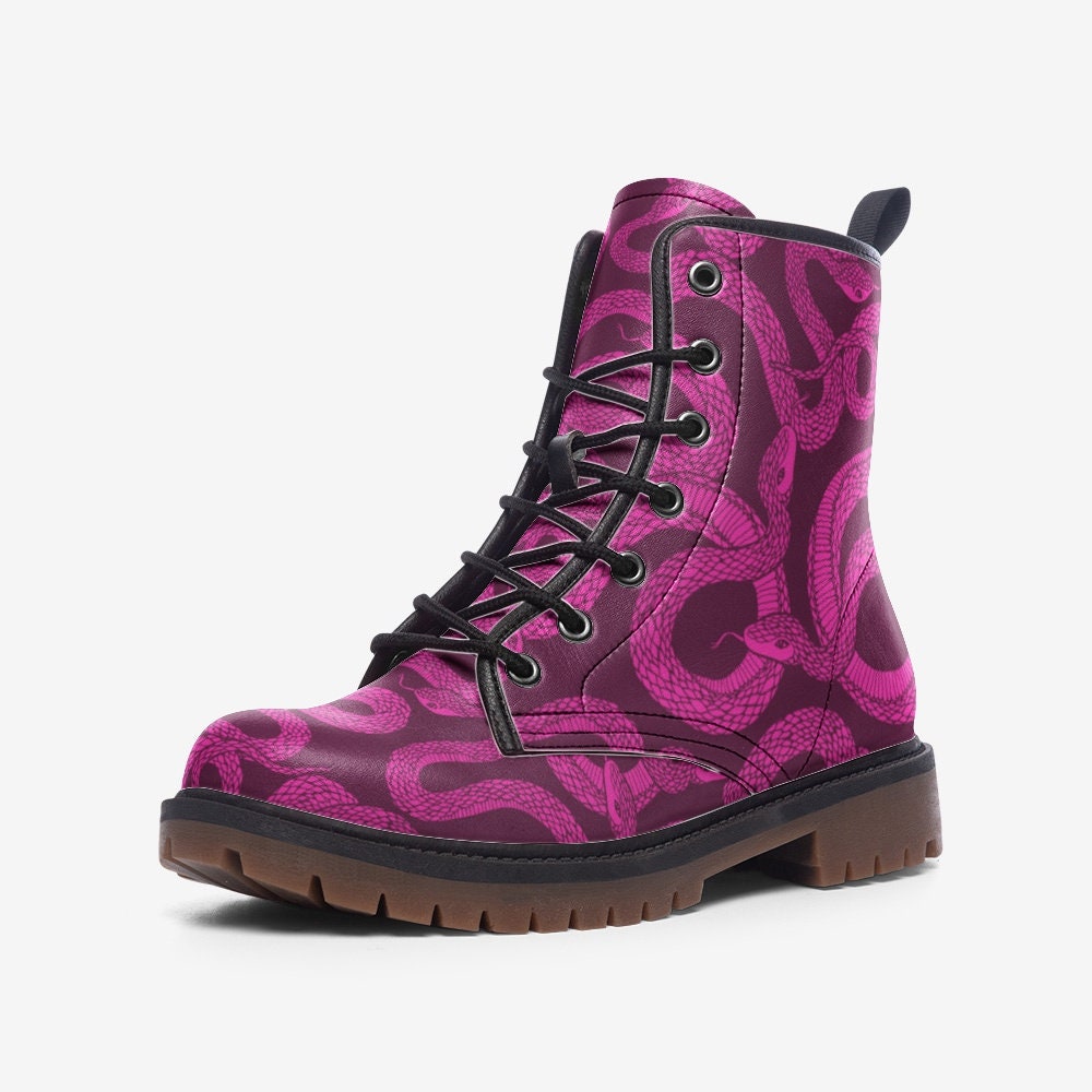 Magenta Snake Combat Boots, Witchy Punk Lace Up Shoes, Alt Girl Festival Footwear, Venom Print Grunge Boots,Gothic Reptile Aesthetic Fashion