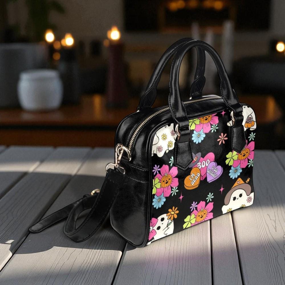 Retro ghost floral handbag, kawaii halloween crossbody, pastel pumpkin purse, witchy spooky satchel, creepy cute handbag, haunted retro bag