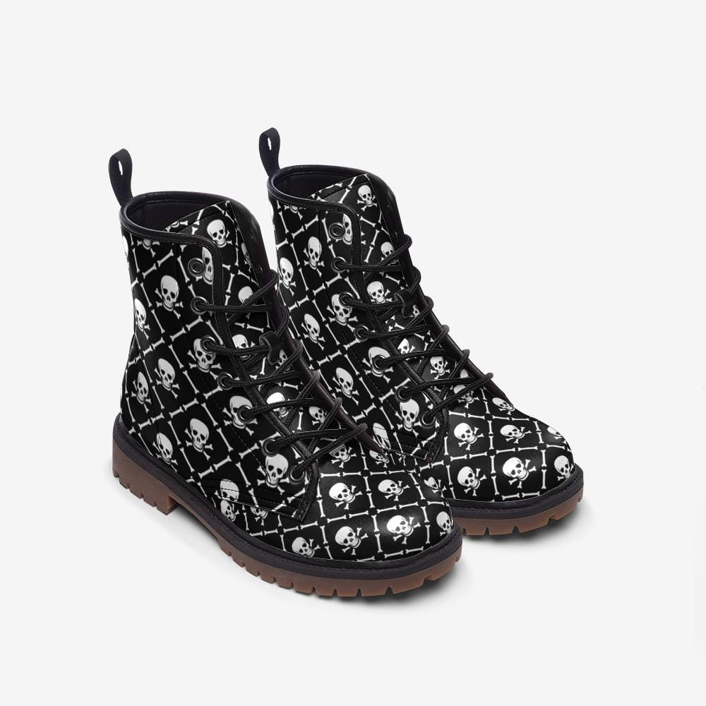 Skeleton gothic combat boots, black occult festival shoes, punk skull lace boots, dark alternative rave footwear, horrorcore emo boots