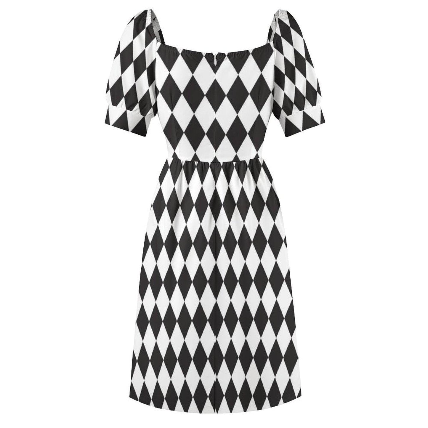 Black and white harlequin dress, gothic Alice puff sleeve dress, checkered fairytale party outfit, sweetheart neckline mini dress, fantasy