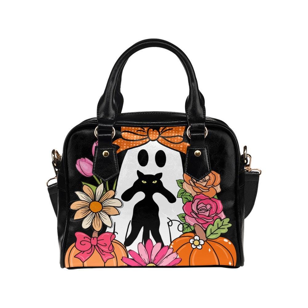 Ghost with black cat bag, pastel Halloween purse, floral spooky satchel, kawaii witchy handbag, pumpkin bow crossbody, cute Halloween purse