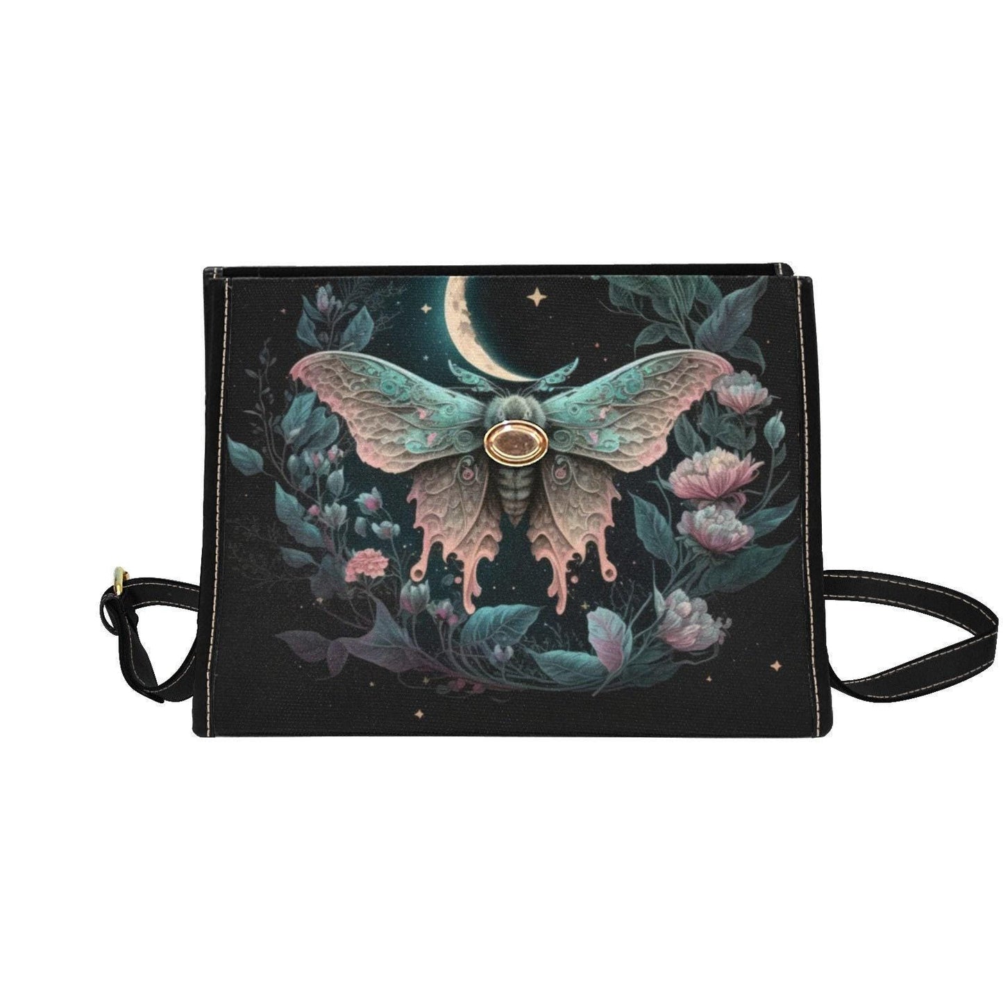 Lunar moth floral satchel, pastel moon top handle bag, dreamy fairycore crossbody, celestial moth print purse, whimsical witchy accessory