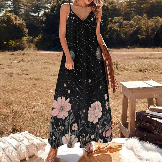 Galactic floral sundress, Starry sky maxi dress with planets, Soft celestial flower gown, Dark cottagecore boho outfit, Spacecore clothing
