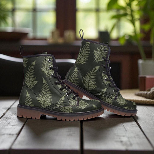 Fern print combat boots, botanical nature lace up shoes, woodland plant ankle boots, forest leaf pattern footwear, rustic walking boots