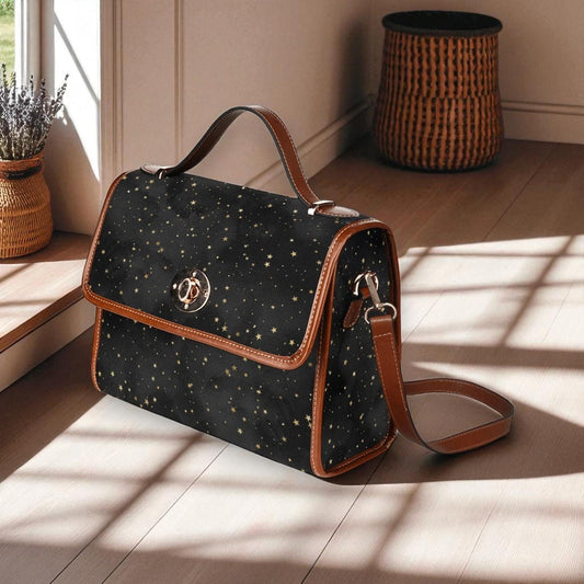 Black Starry Witchcore Shoulder Bag, Celestial Crossbody Purse with Brown Trim, Vintage Goth Satchel for Witches, Cosmic Aesthetic Gift Idea