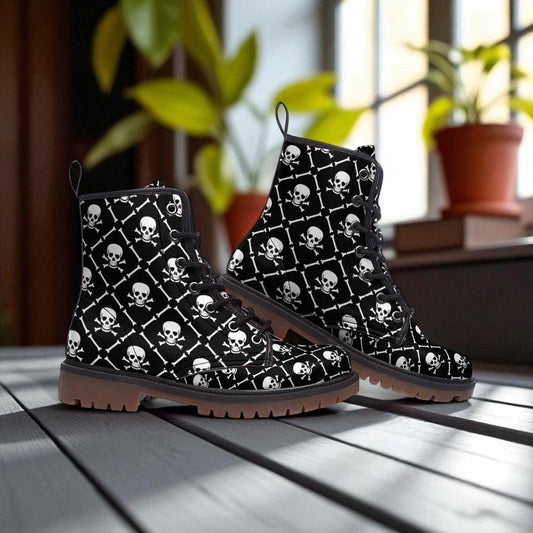 Skeleton gothic combat boots, black occult festival shoes, punk skull lace boots, dark alternative rave footwear, horrorcore emo boots