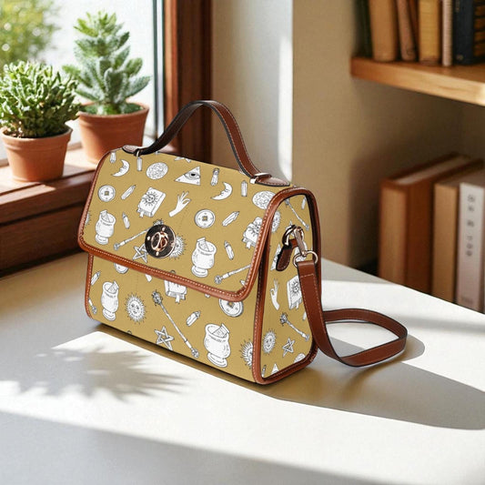 Witchy Symbol Pattern, Occult Gold Icon Bag, Magical Tan Crossbody, Celestial Witch Purse, Alchemy Inspired Accessory, Unique Witch Gift