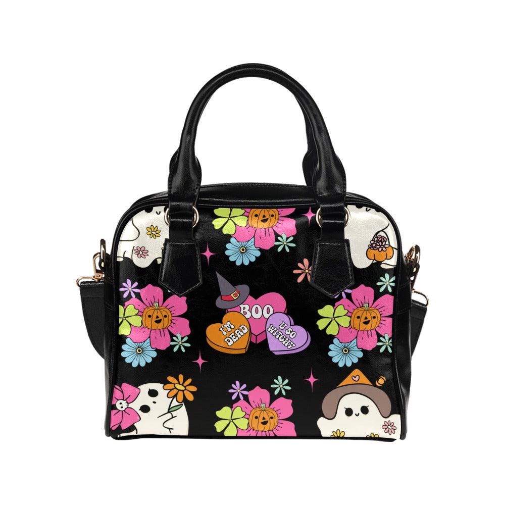 Retro ghost floral handbag, kawaii halloween crossbody, pastel pumpkin purse, witchy spooky satchel, creepy cute handbag, haunted retro bag