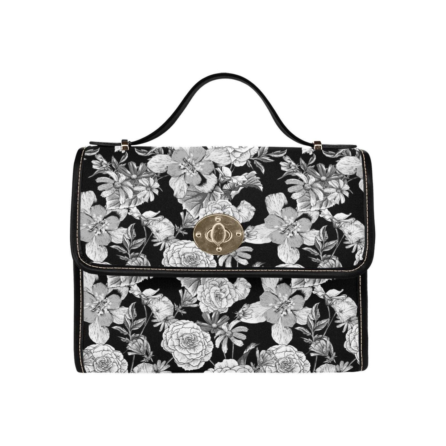 Gothic rose print crossbody purse, dark floral structured handbag for witchcore fashion, black goth shoulder bag, aesthetic alt satchel