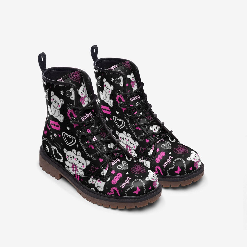 Kawaii bear shoes, pastel heart boots, dreamy pink footwear, retro y2k lace ups, sweet grunge ankle boots, playful emo shoes, toy footwear