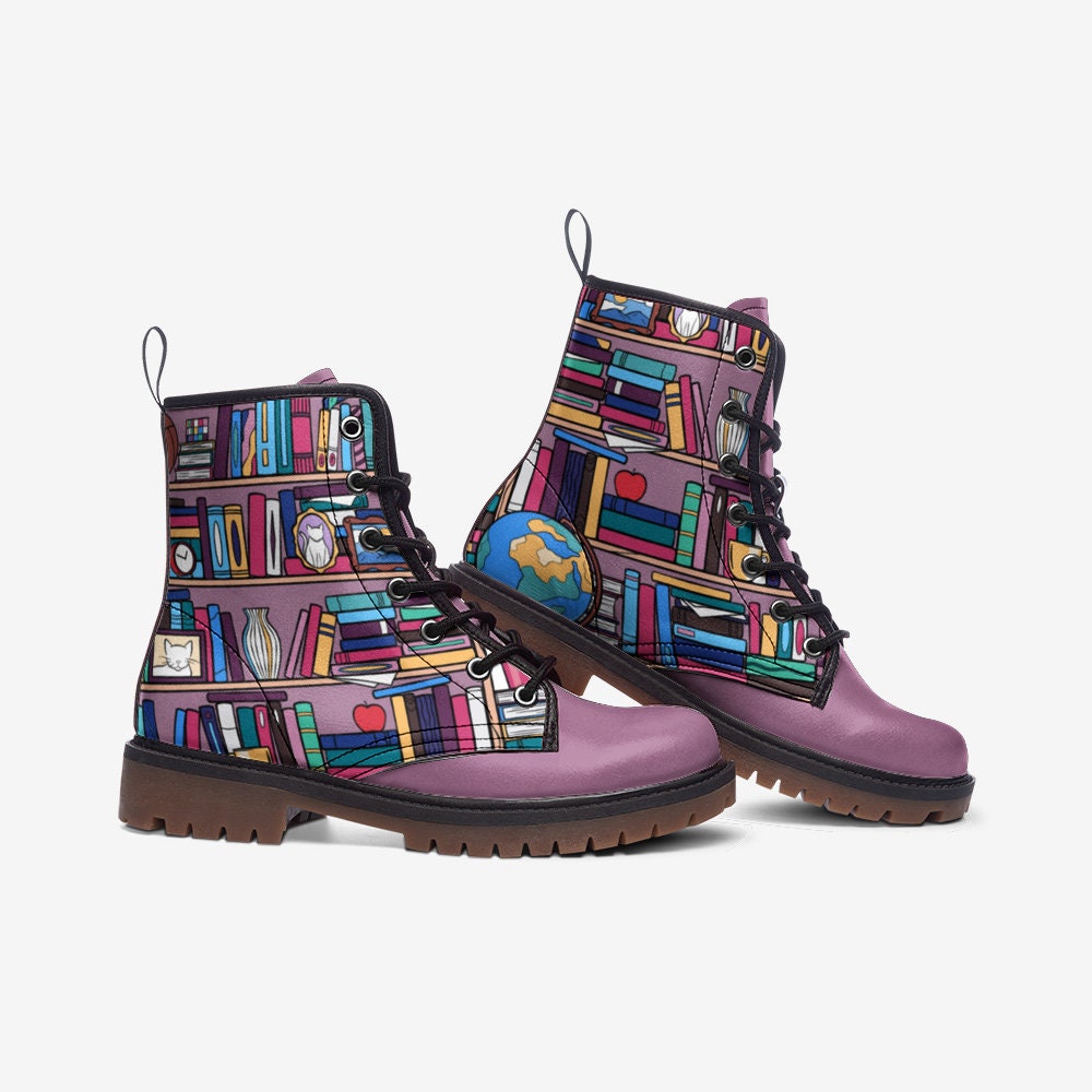 Whimsical Book Lover Boots, Purple Library Combat Shoes, Cute Nerdy Girl Gift,Unique Reading Aesthetic Footwear,Pastel Bookworm Outfit Boots
