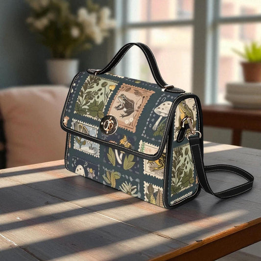 Goblincore forest shoulder bag, vintage frog canvas purse, mushroom nature crossbody satchel, alt cryptid botanist stamp collector gift idea