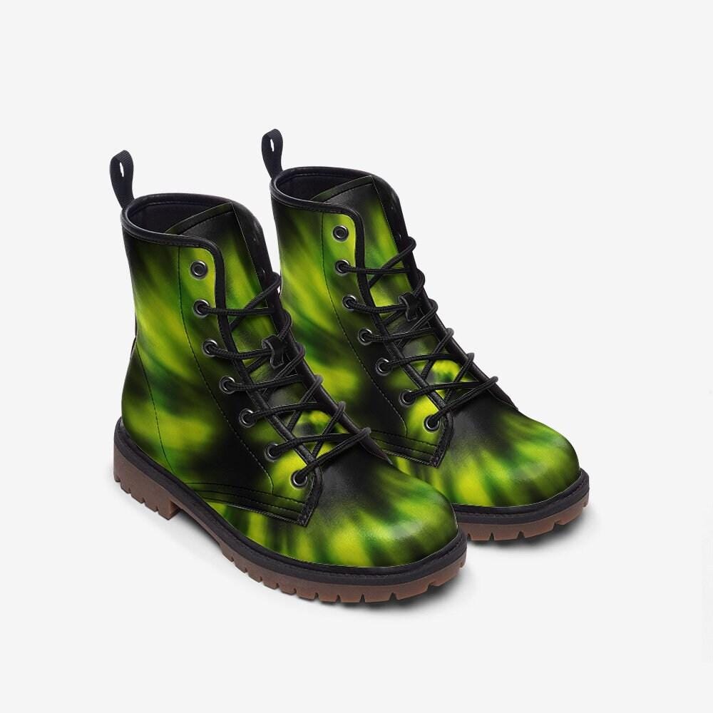 Green Tie-Dye Combat Boots, Grunge Festival Footwear, Alt Streetwear Boots, Indie Aesthetic Shoes,90s Inspired Combat,Psychedelic Green Gear