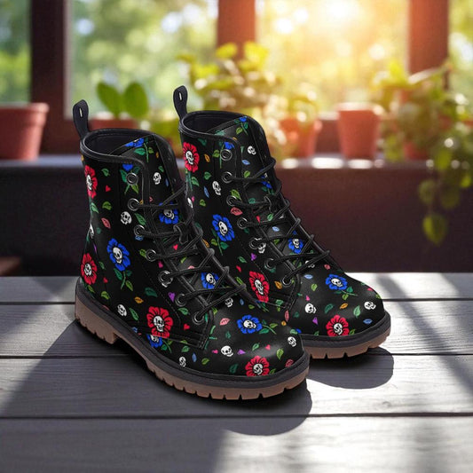 Skull flower print boots, creepy cute festival shoes, dark floral lace ups, punk inspired combat footwear, edgy alternative fashion boots