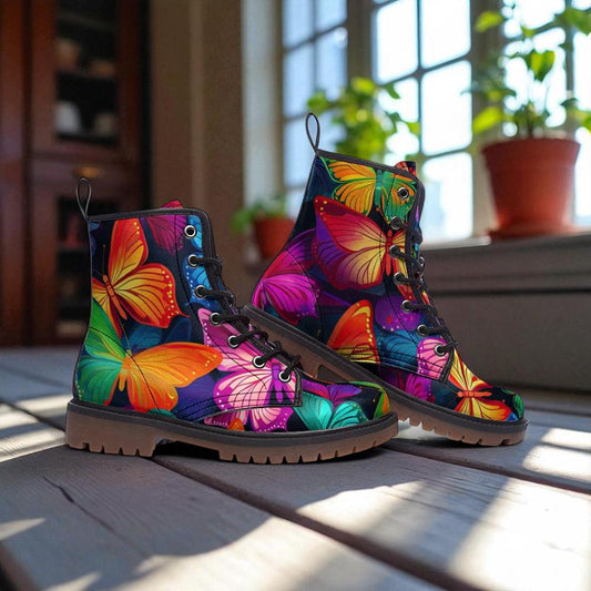 Rainbow butterfly combat boots, fairycore festival lace up shoes, psychedelic rave platform footwear, enchanted insect print ankle boots