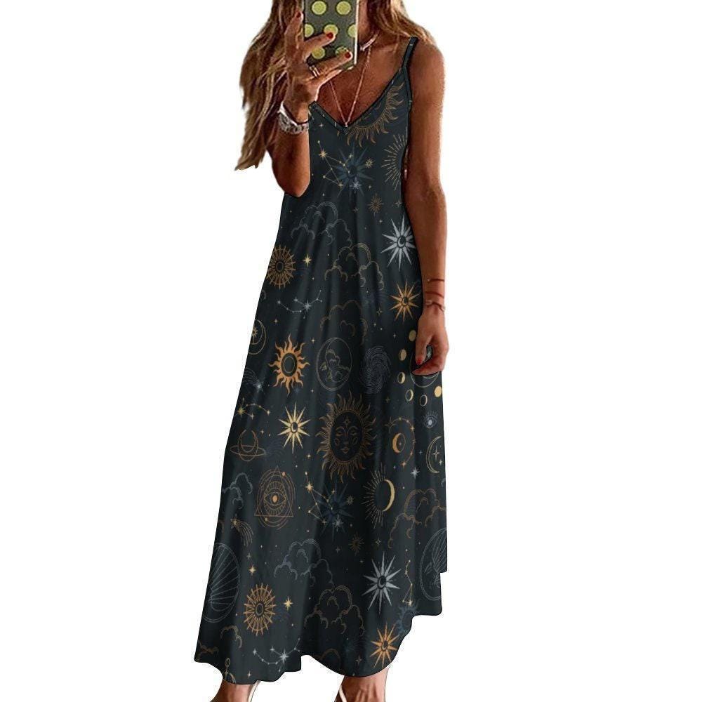 Celestial Sun Moon Dress, Black Astrology Maxi Dress, Starry Sky Spiritual Outfit, Witchcore Planet Print Dress, osmic Universe Boho Fashion
