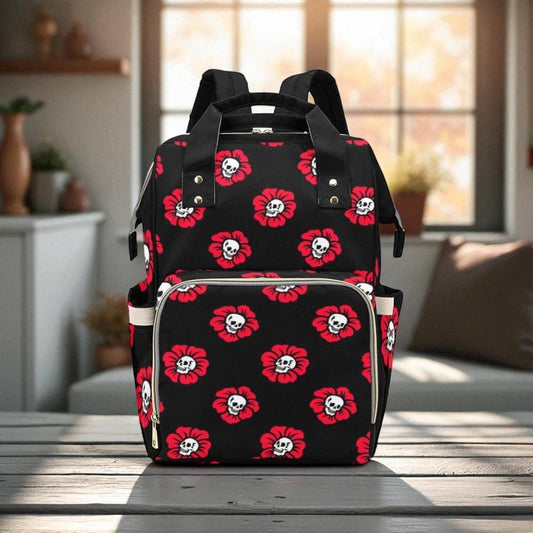 Skull Flower Backpack Goth Mom, Floral Skull Diaper Bag, Edgy Parenting Organizer, Alternative Baby Gift Idea,Punk Style Mom Bag,Gothic Baby