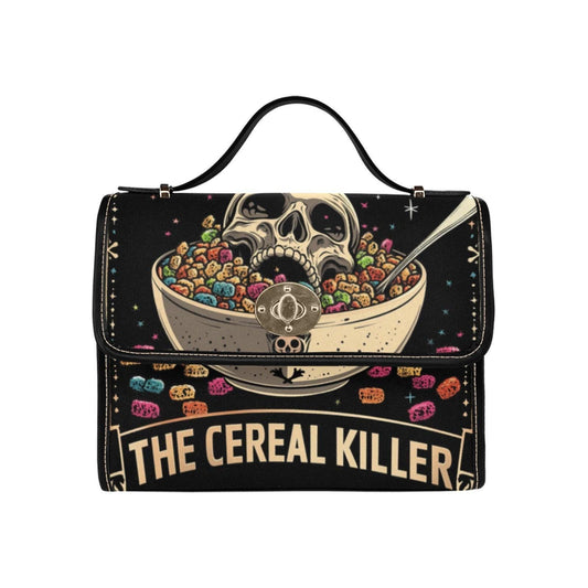 Dark humor shoulder bag, cereal killer canvas satchel, alt goth streetwear purse, spooky skeleton crossbody, funny baddie gift idea