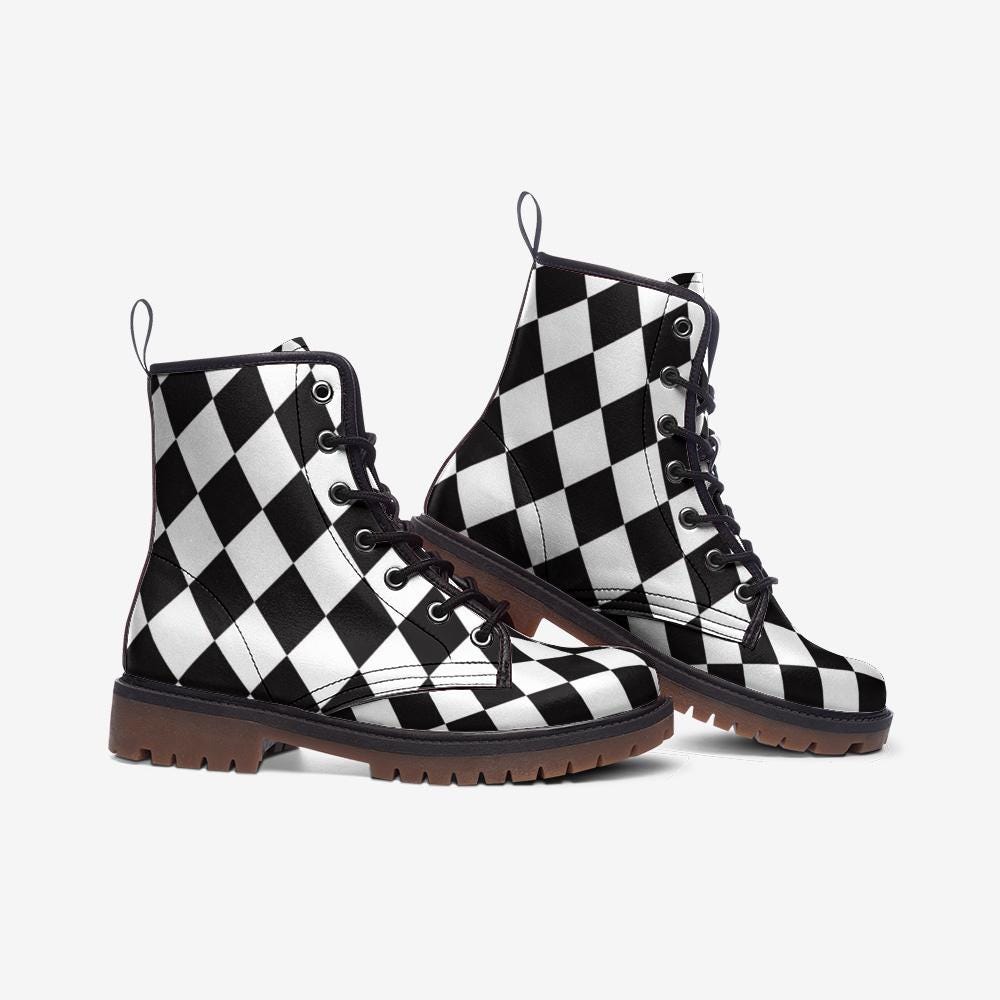 Black white diamond boots, monochrome punk lace up, alt harlequin goth shoes, checkered rave boots, emo festival shoes, punk checker boots