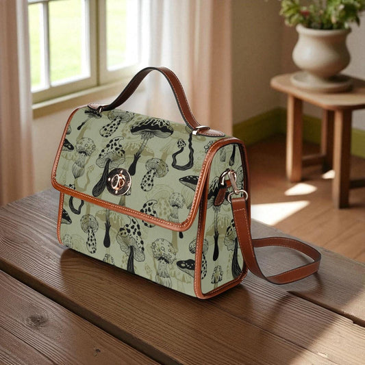Green Mushroom Cottagecore Shoulder Bag, Witchy Crossbody Purse with Brown Trim, Forestcore Toadstool Satchel, Fairy Gift for Nature Lovers