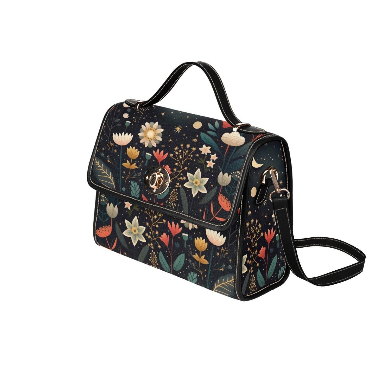 Floral night sky handbag, celestial garden purse, enchanted flower print bag, whimsical botanical shoulder bag, starry bloom crossbody