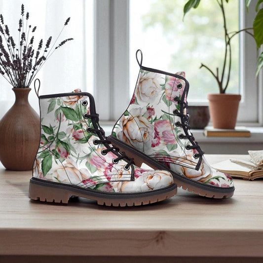 Vintage Floral Combat Boots, Cottagecore Lace Up Booties, Soft Girl Aesthetic Shoes, Pastel Garden Core Shoes, Romantic Floral Ankle Boots