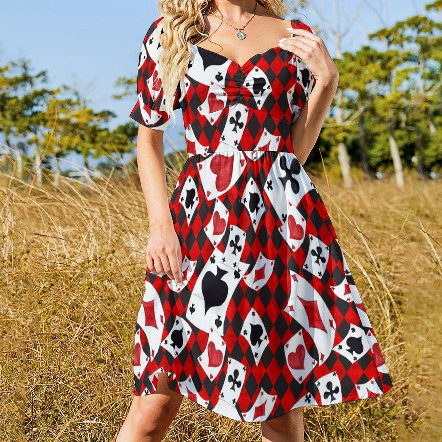 Card suit party dress, Alice inspired puff sleeve, queen of hearts mini dress, whimsical fairytale outfit, sweetheart themed fantasy dress