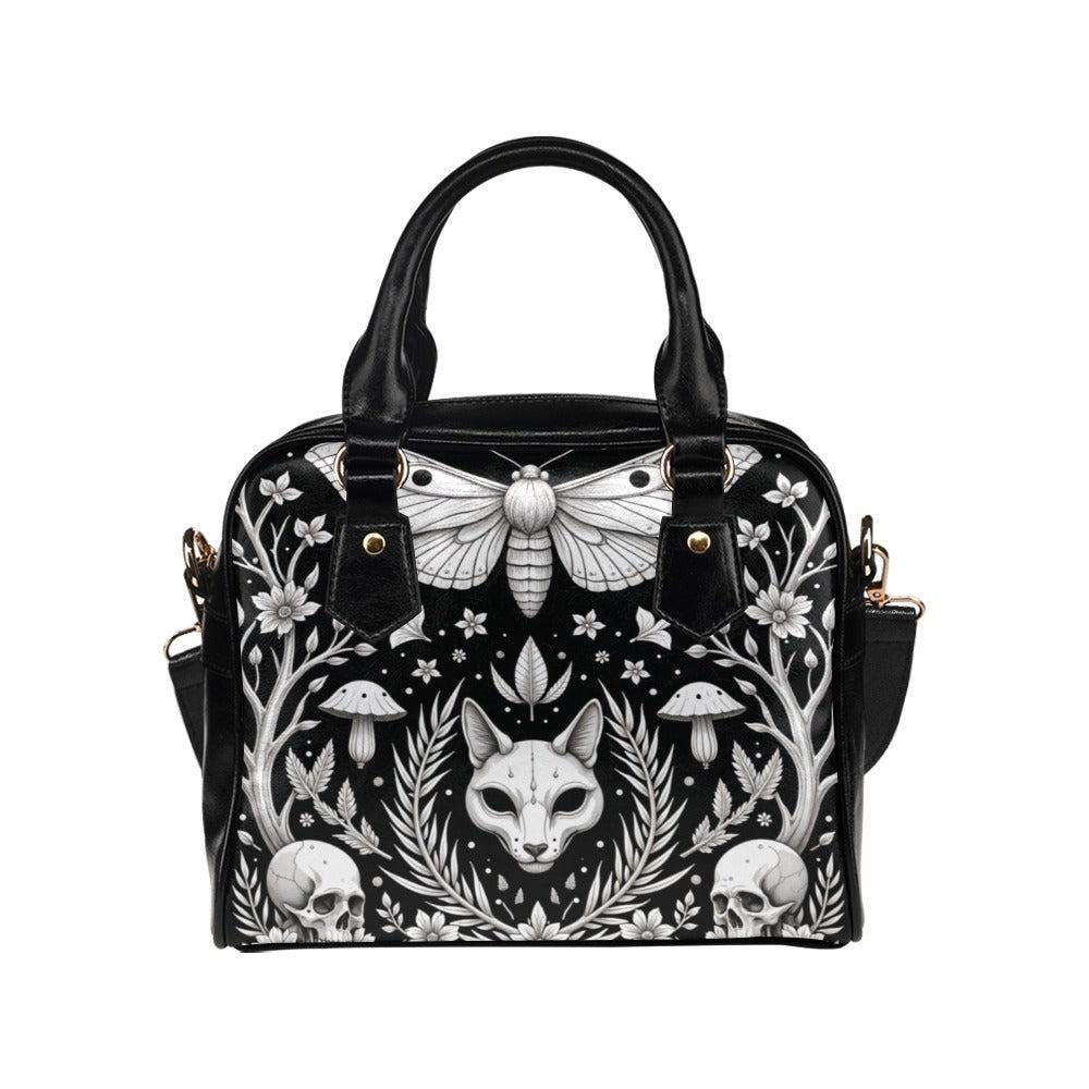 Mystical Fox Skull Handbag, Witchy Moth Purse with Dark Forest Design, Occult Crossbody Bag with Gothic Floral Pattern, Halloween Aesthetic