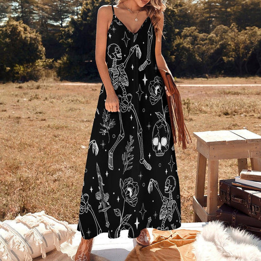Skeleton Print Maxi Dress, Goth Floral Summer Dress, Occult Black Slip Dress, Witchy Alternative Outfit, Skull Sword Dark Aesthetic
