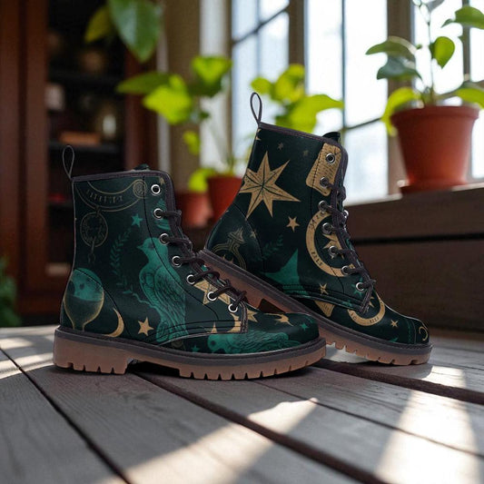 Mystic raven combat boots, enchanted bird lace up shoes, celestial raven footwear, forest night ankle boots, witchy raven festival shoes