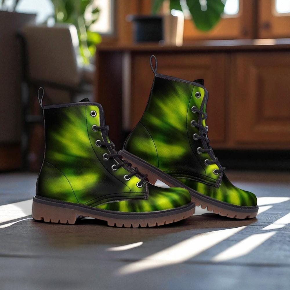 Green Tie-Dye Combat Boots, Grunge Festival Footwear, Alt Streetwear Boots, Indie Aesthetic Shoes,90s Inspired Combat,Psychedelic Green Gear