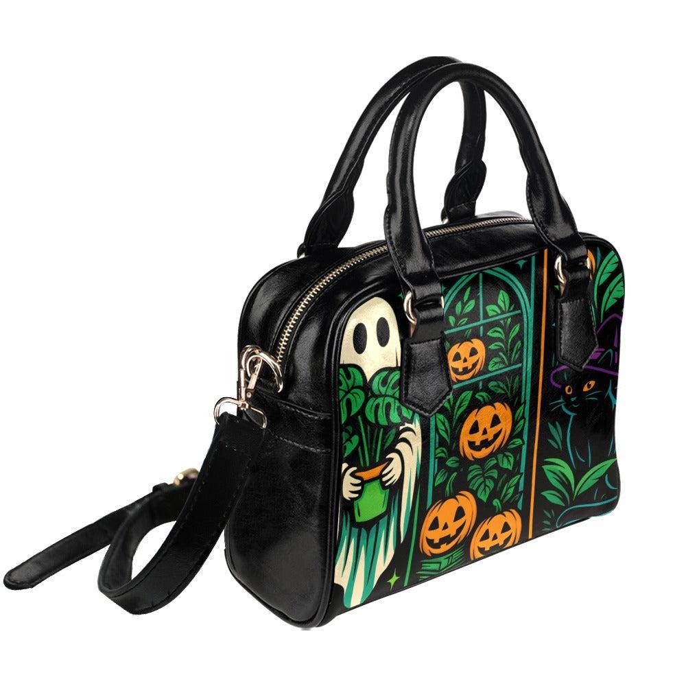 stained glass halloween purse, witchy ghost crossbody bag, retro pumpkin patch satchel, haunted black cat handbag, spooky festival retro bag