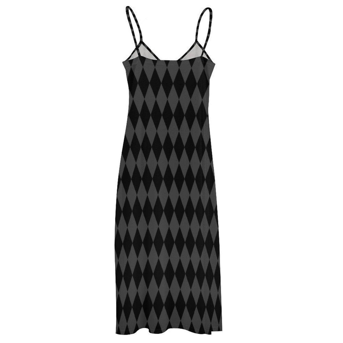 Harlequin Maxi Dress, Gothic Summer Dress, Black Checker Slip, Edgy Long Cami Dress, Dark Pattern Outfit, Grunge Aesthetic Clothing