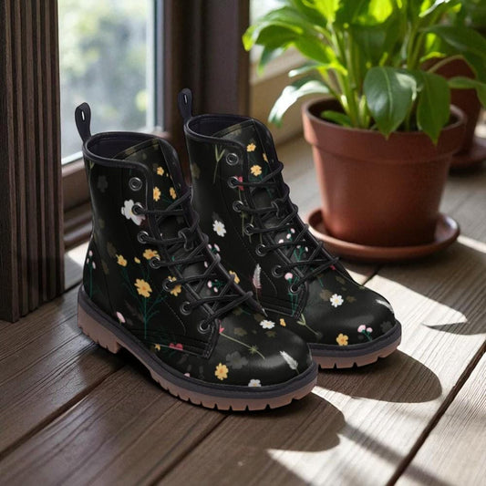 Wildflower Combat Boots, Dark Cottagecore Shoes, Black Botanical Boots, Fairycore Festival Footwear, Moody Garden Gear,Vintage Floral Combat
