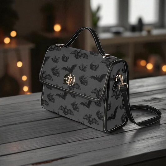 Bat Gothic Purse, Canvas Satchel bag, Vegan Hand Bag Goth Bag, Halloween Costume Adult Cosplay, Cute Black Witch women cross body purse