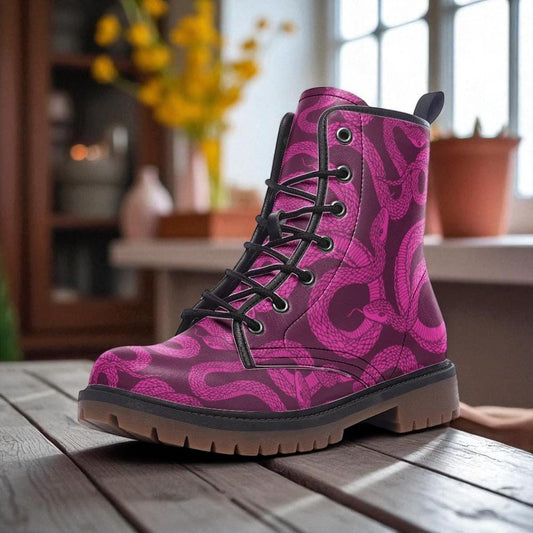 Magenta Snake Combat Boots, Witchy Punk Lace Up Shoes, Alt Girl Festival Footwear, Venom Print Grunge Boots,Gothic Reptile Aesthetic Fashion