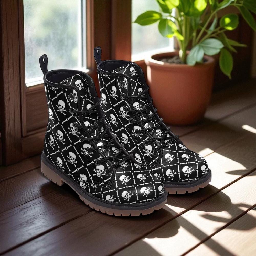 Skeleton gothic combat boots, black occult festival shoes, punk skull lace boots, dark alternative rave footwear, horrorcore emo boots