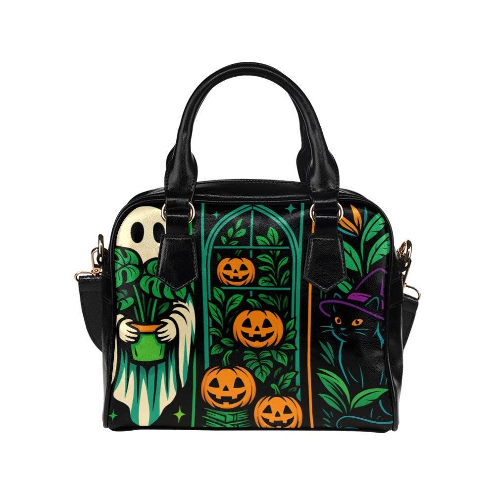 stained glass halloween purse, witchy ghost crossbody bag, retro pumpkin patch satchel, haunted black cat handbag, spooky festival retro bag
