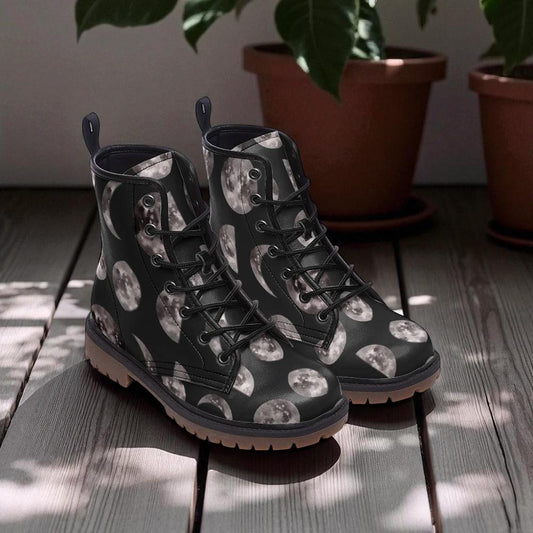 Lunar cycle shoes, dark moon boots, eclipse phase footwear, celestial orbit lace ups, enchanted night shoes, mystical boots, astral footwear