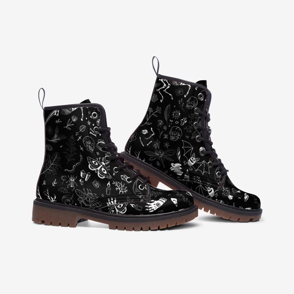 Mystic symbol combat boots, celestial festival lace up shoes, witchy occult printed footwear, astrology inspired alternative fashion boots