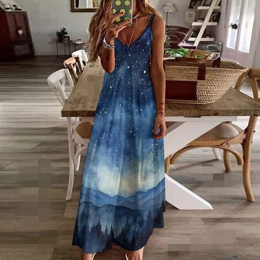 Starry Night Mountain Dress, Forest Sky Print Maxi, Cottagecore Aesthetic Clothing, Nature Scene Summer Dress, Witchy Boho Sundress