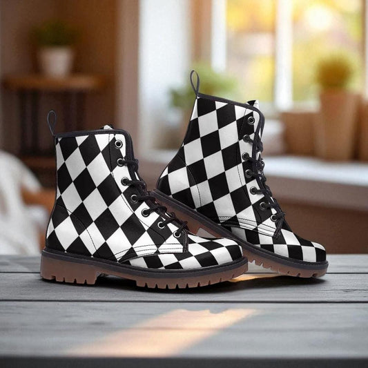 Black white diamond boots, monochrome punk lace up, alt harlequin goth shoes, checkered rave boots, emo festival shoes, punk checker boots