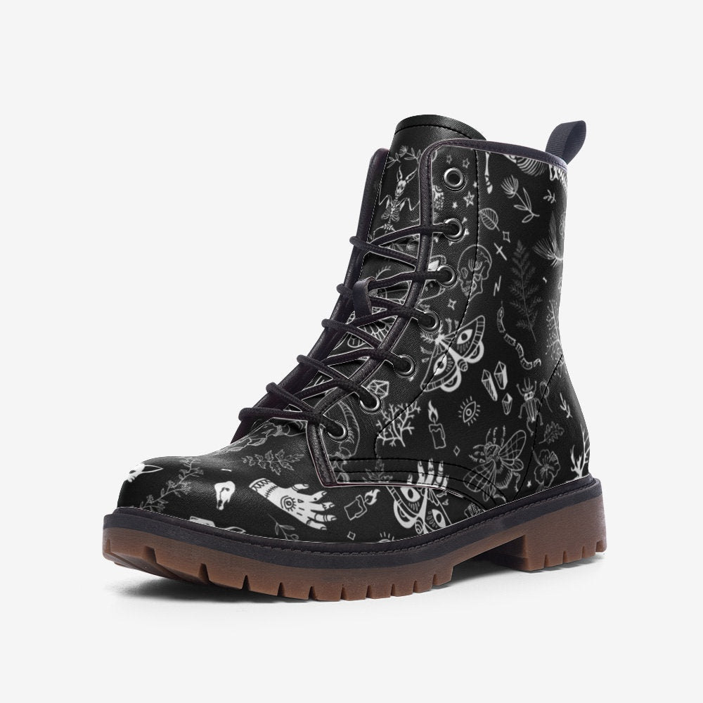 Mystic symbol combat boots, celestial festival lace up shoes, witchy occult printed footwear, astrology inspired alternative fashion boots