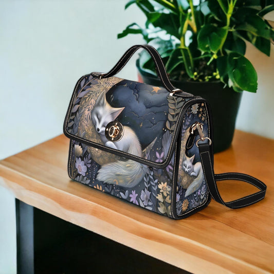 Lunar Witch Shoulder Bag for Women, Celestial Forest Canvas Satchel, Mystical Sleeping Fox Crossbody, Whimsical Alt Girl Gift Idea