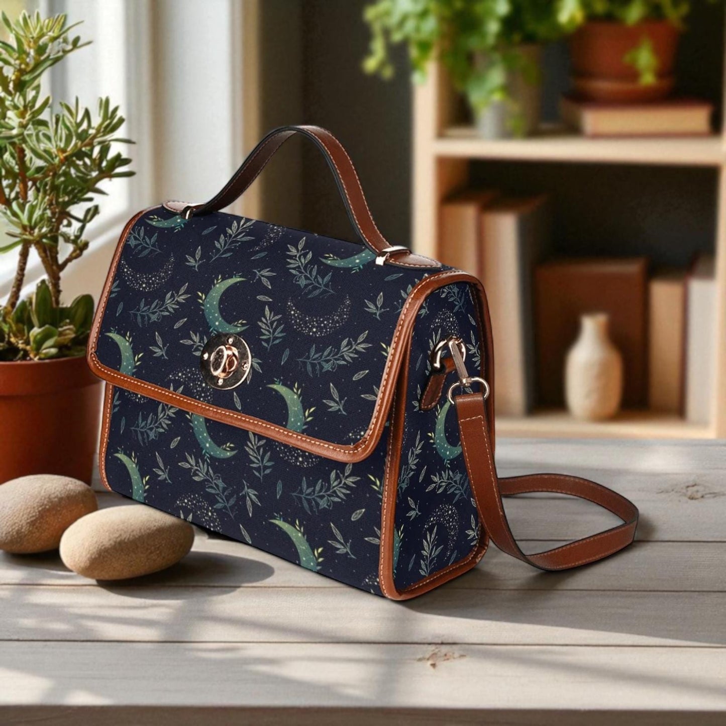 Botanical moon phases bag, stargazer crossbody purse, leafy night sky satchel, soft witch aesthetic handbag, lunar cycle shoulder bag
