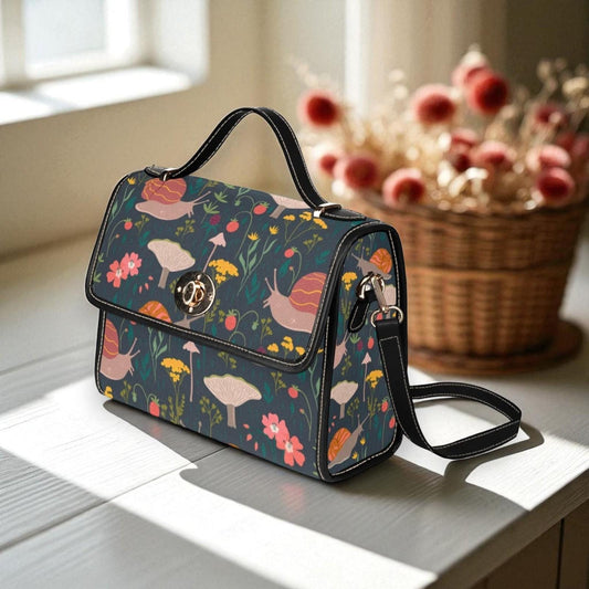 Whimsical Snail Garden, Cottagecore Mushroom Purse, Fairycore Crossbody Bag, Woodland Animal Print, Cute Nature Pattern, Fantasy Gift Idea