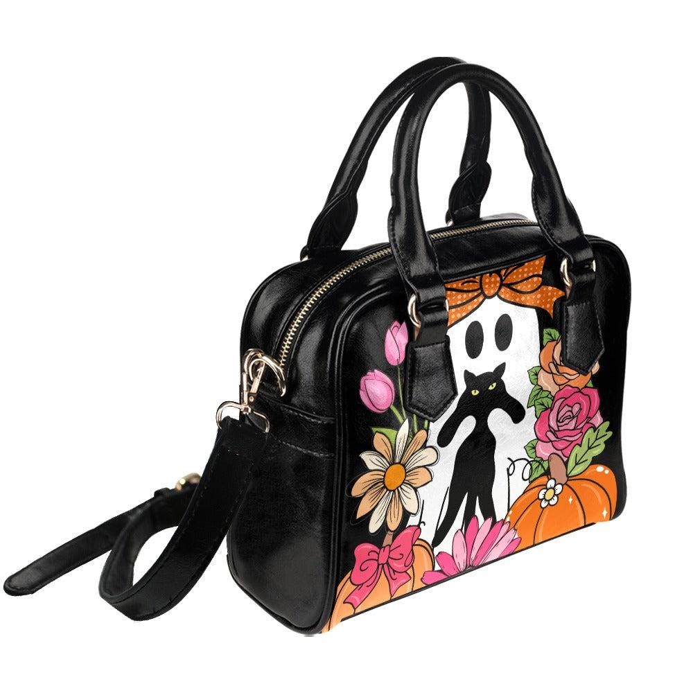Ghost with black cat bag, pastel Halloween purse, floral spooky satchel, kawaii witchy handbag, pumpkin bow crossbody, cute Halloween purse