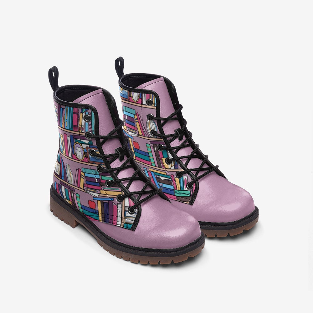 Whimsical Book Lover Boots, Purple Library Combat Shoes, Cute Nerdy Girl Gift,Unique Reading Aesthetic Footwear,Pastel Bookworm Outfit Boots